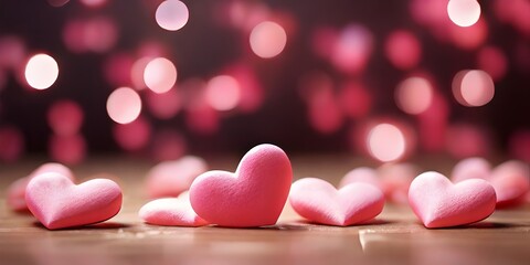 pink background with hearts blurred background with heart shaped bokeh for valentine's day. Blank background for presentation and montage
