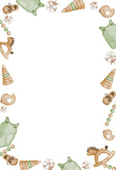 Baby toys watercolor frame. Hand drawn vertical template on isolated background with wooden retro objects. For greeting cards and baby shower invitations in pastel colors. Children's design