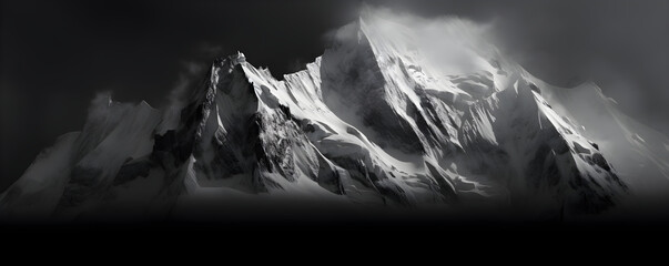 Professional monochrome photography of a snowy mountain peak in the clouds. Landscape nature shot for interior painting. Graphic black and white poster of a snow covered mountain range.