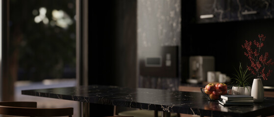 Obraz premium Close-up image of a modern black marble dining table in a modern black kitchen.