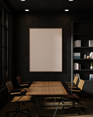 Front view image of a large empty picture frame mockup on a black wall in a modern meeting room.