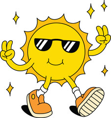 Vector illustration of a positive shining sun character walking in sunglasses and sneakers walking and showing a peace sign with his hands in groovy stile isolated on white background