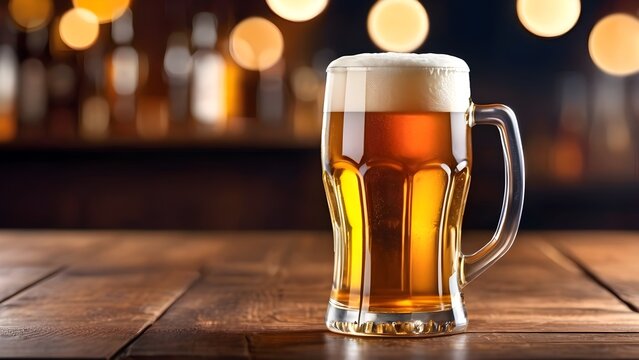 beer glass on a wooden background with bokeh blurred background.