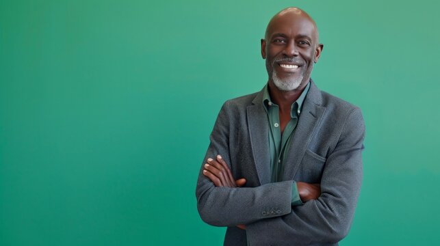 Happy, arms crossed and portrait of black man on green screen for confident, fashion and elegant style. Happiness, smile and senior with male model isolated