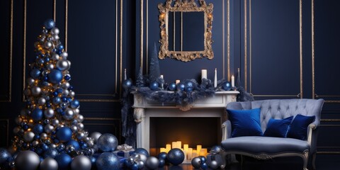 Stylishly decorated blue Christmas home with comfort, featuring a sofa, gift boxes, mirror balls, garland, and candle lamp.