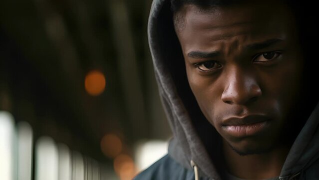 youthful and strong African American male found loitering under gloomy overpass. muscular frame enveloped in despair so intense, it mysunderstands growing pains for failure. eyes reveal struggle