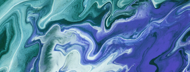 Obraz premium Abstract fluid art background navy blue and cyan colors. Liquid marble. Acrylic painting with turquoise gradient.