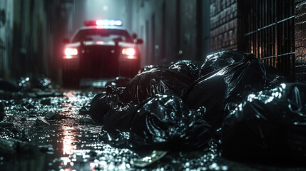 High-contrast noir-style scene with shiny wet streets and a classic car