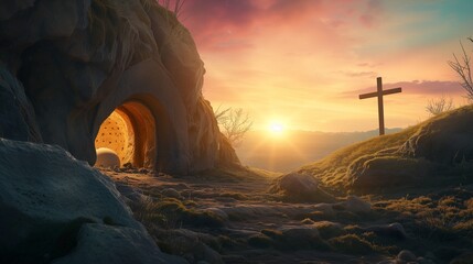 A peaceful sunrise scene outside an empty cave tomb with a solitary Christian cross overlooking a mountainous landscape. - obrazy, fototapety, plakaty