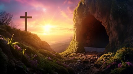 A peaceful sunrise scene outside an empty cave tomb with a solitary Christian cross overlooking a...