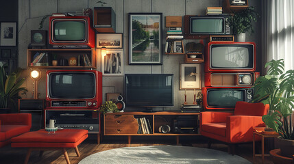 Vintage home entertainment setup with classic televisions and modern flair - obrazy, fototapety, plakaty