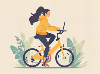 Girl cycling at home, exercise clipart illustration of a girl on bike fitting, person riding a bicycle, Caucasian woman in bicycle flat color vector detailed character. Girl on bike