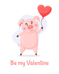 Vector cartoon valentine cute pig character with heart shape balloon isolated on white background. Valentine's day celebration greeting card clip-ar