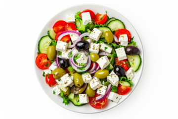 Greek salad with feta cheese, olives and crispy vegetables, white background