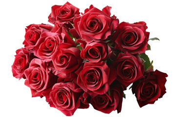 A lush bouquet of red roses, carefully arranged to create a luxurious and romantic atmosphere against a pristine white background.