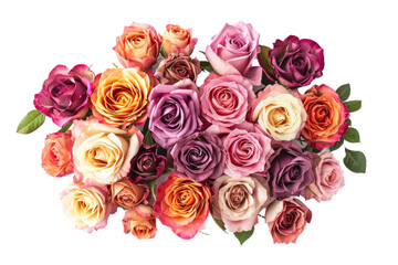 top down view of a luxurious bouquet of roses of different shades, composition on a white background