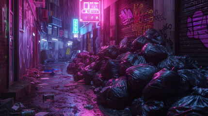Apocalyptic alleyway with neon signs and piles of trash under a dystopian sky