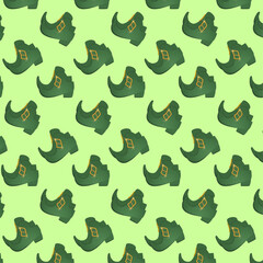 Seamless pattern for st. patrick's day for packaging and wrapping paper. Green leprechaun shoes with gold buckles on a light green background. Vector illustration for paper gift bags. Ornament.