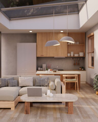 Interior design of a modern, Scandinavian spacious living room with a kitchen and glass ceiling.