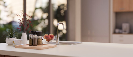 Close-up image of a copy space on a modern white kitchen island in a modern kitchen.