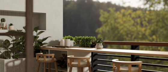 A modern and comfortable home relaxation area on a balcony or a cafe outdoors seat on a balcony.