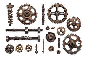 different metal pieces, ranging from screws to gears, creating an industrial aesthetic on a white backdrop - obrazy, fototapety, plakaty
