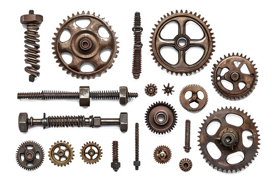different metal pieces, ranging from screws to gears, creating an industrial aesthetic on a white backdrop