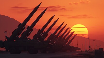 Peaceful dusk falls over military might with missiles poised against a starry sky - obrazy, fototapety, plakaty