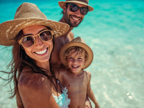 Happy young family on vacation at the beach standing by the ocean or sea looking at camera and smiling. The mother is in swimsuit, a straw hat and sunglasses. Tourists during a holiday, journey, trip.