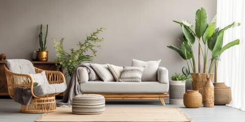 Obraz na płótnie Canvas Stylish home decor with a modern and bohemian composition featuring a gray sofa, rattan armchair, wooden cubes, plaid, tropical plant, macrame, and elegant accessories. Template.