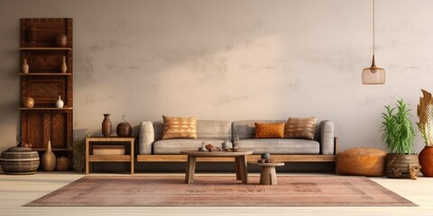 Modern template for an elegant ethnic living room with a modular sofa, wooden stool, Moroccan shelf, carpet decor, and chic personal accessories.