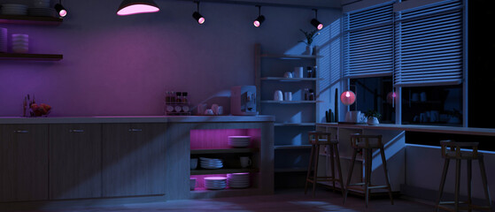 Interior design of a modern spacious dark kitchen at night with RGB neon light.