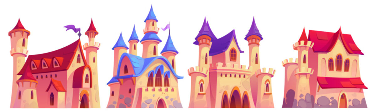 Magic medieval royal castle with flag on tower, windows and gate for children book story or game ui design. Cartoon vector illustration set of fantasy fairytale ancient kingdom fortress palace or fort