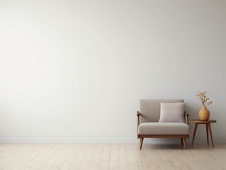 a sofa chair and wooden table in an empty room with white walls and a wooden floor