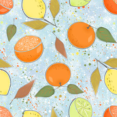 Seamless pattern with citrus fruits. Oranges, lemons, lime on a light blue background. - 723602704