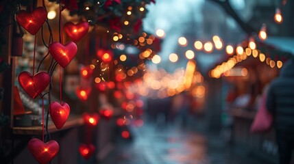 Obraz na płótnie Canvas Holiday market scene with festive decorations and warm lighting, evoking a sense of celebration.
