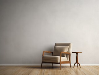 minimalist layout of a sofa chair and wooden table in an empty room with gray walls and wooden floor