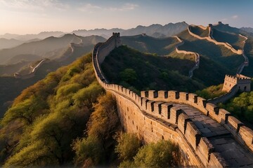 Aerial drone shots capturing The Great Wall from above, Majestic Great Wall of China at sunset, aerial view