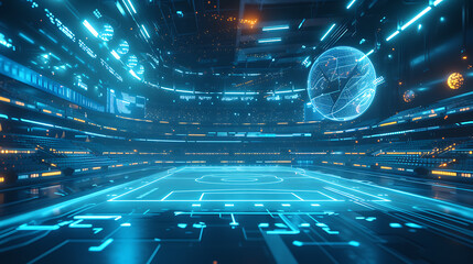 An immersive glimpse into the future of sports, this stunning 3D render depicts a futuristic sports arena adorned with mesmerizing holographic displays. A perfect blend of technology and ath - obrazy, fototapety, plakaty