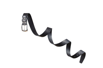 Black leather belt twisted and isolated on a white background.