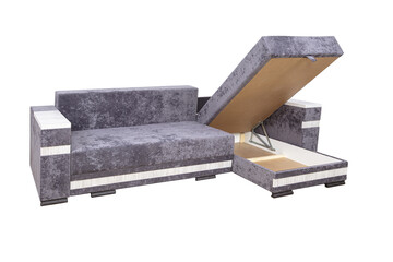 Gray unfolded sofa with velor fabric pillows isolated on a white background. Cushioned furniture.