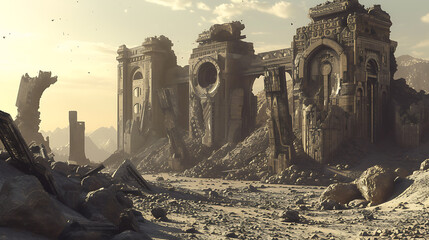 Explore a mesmerizing blend of ancient ruins and futuristic technology in this stunning 3D rendered scene. Immerse yourself in the enigmatic atmosphere as the ancient architecture seamlessly - obrazy, fototapety, plakaty