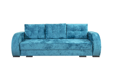 Turquoise sofa with velor fabric pillows isolated on a white background. Cushioned furniture.