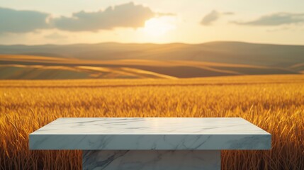 A sleek marble table set amidst golden wheat fields under a warm sunset sky
