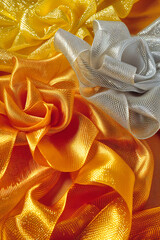 Bright and Colorful Textured Silk Fabric: Orange and Yellow Design, Ideal for Fashion and Decorative Backgrounds