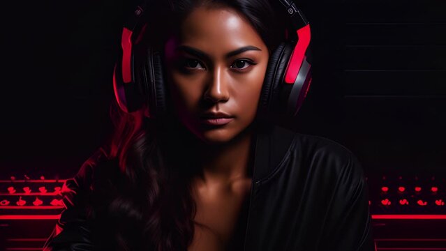An Indonesian woman dressed to the nines rocking her head and shoulders to the beats of a live DJ s music from the dancefloor.