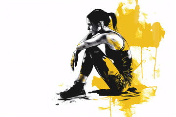A bold black and yellow dynamic brush strokes digital illustration of an athlete in resting.
