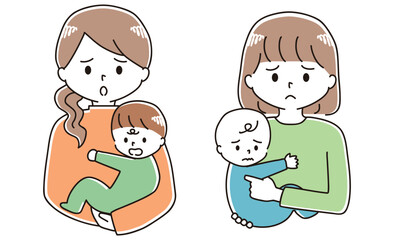 赤ちゃんを抱っこする不安な表情の女性のイラストセット