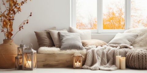 Scandinavian autumn vibes in cozy living room with decor, blankets, and pillows on oak bench.