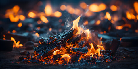Close up of fire burning on firewood in dark